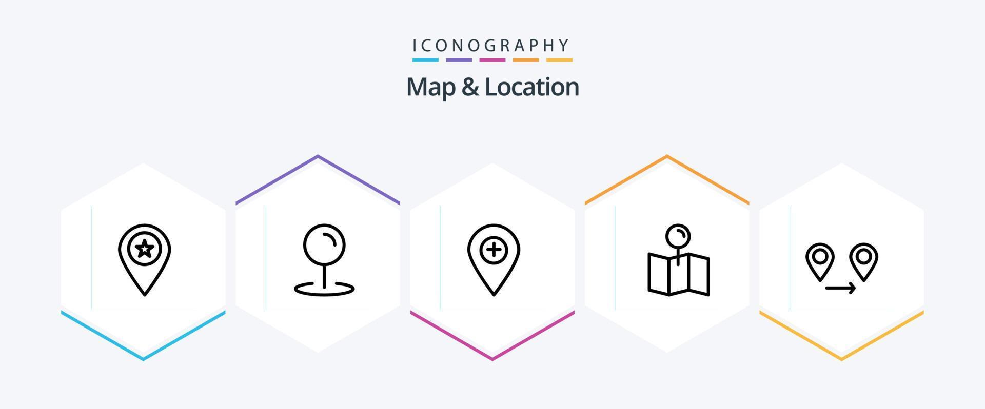 Karte und Standort 25-Zeilen-Icon-Pack einschließlich GPS. Zeiger. Plus. Karte. Stift vektor