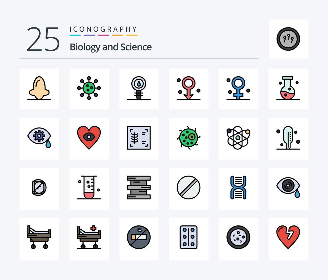 biologi 25 linje fylld ikon packa Inklusive medicinsk. kvinna. kemi. biologi. sjukvård vektor