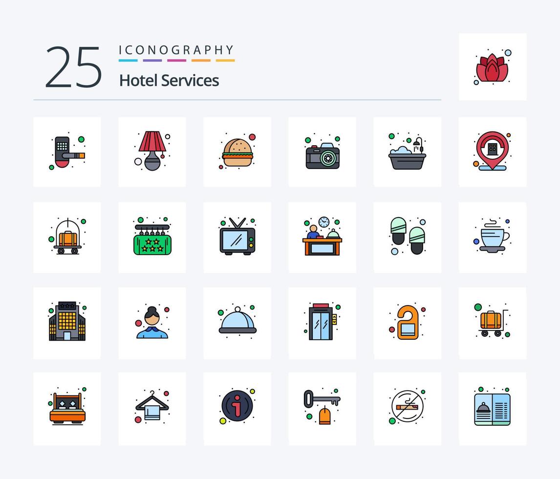 Hoteldienstleistungen 25 Zeilen gefülltes Icon Pack inklusive Hotel. Bad. Burger. Bild. Kamera vektor