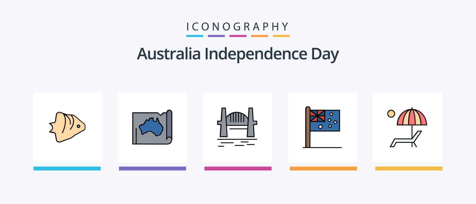 Australien oberoende dag linje fylld 5 ikon packa Inklusive skolutbildning. korall. känguru. fisk. flagga. kreativ ikoner design vektor