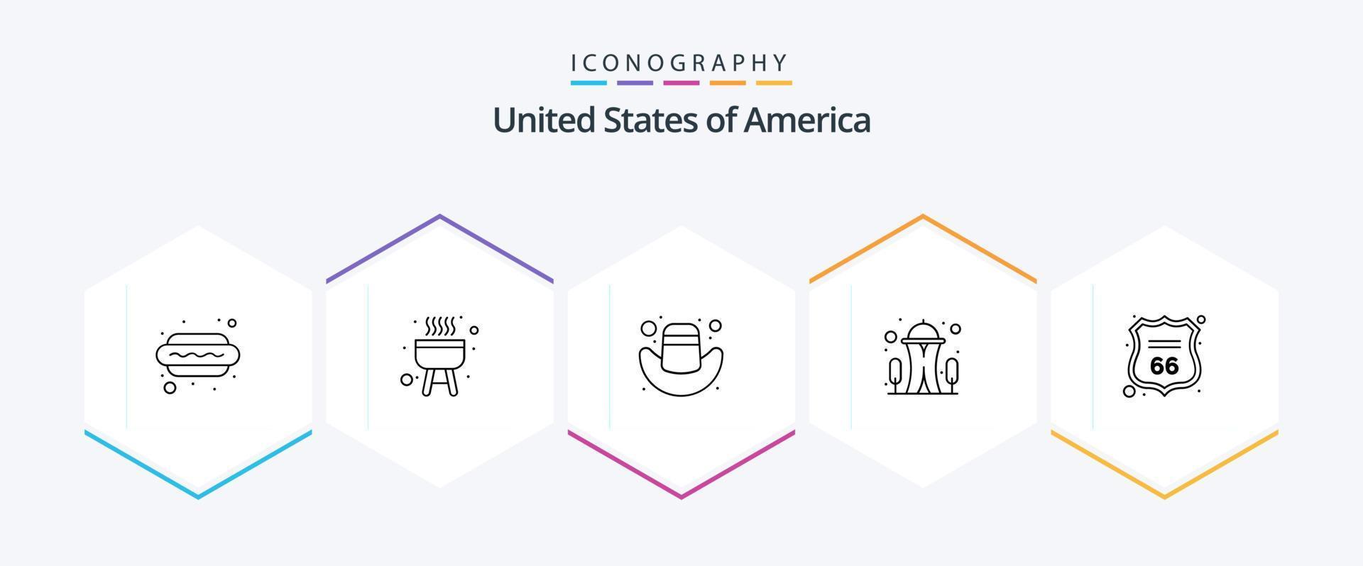 USA 25 linje ikon packa Inklusive amerikansk. skydda. keps. säkerhet. nål vektor