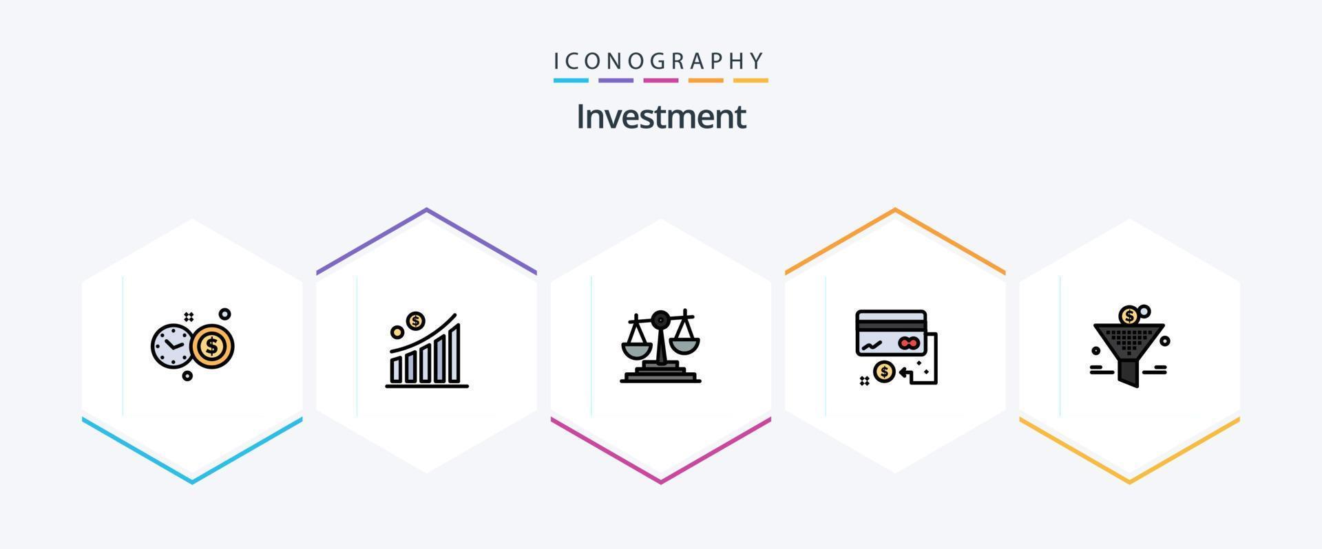 Investment 25 FilledLine Icon Pack inklusive Trichter. Marketing. Geschäft. Finanzen. Karte vektor