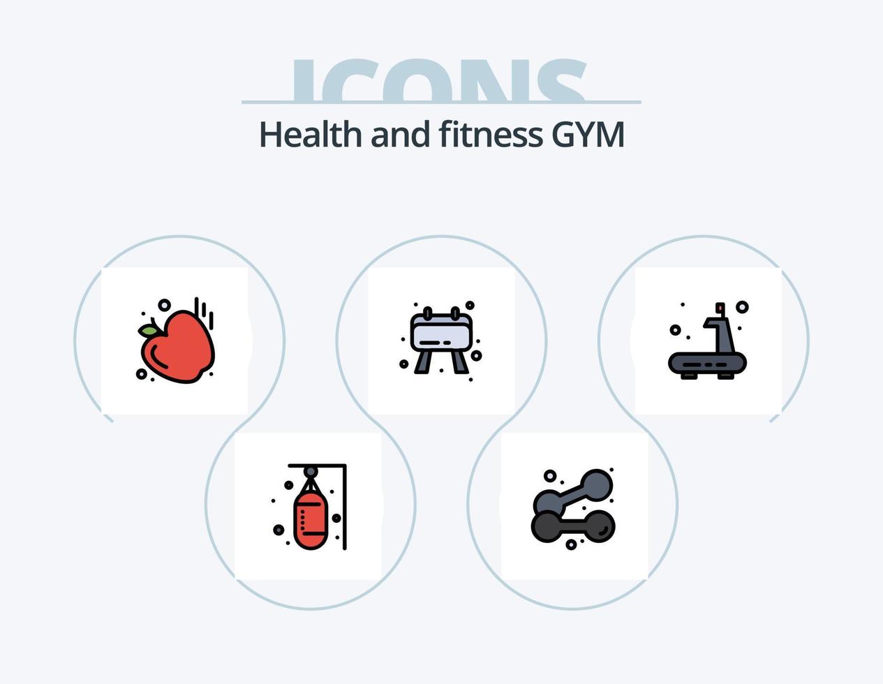 Gym linje fylld ikon packa 5 ikon design. sand. boxare. mat. väska. kondition vektor
