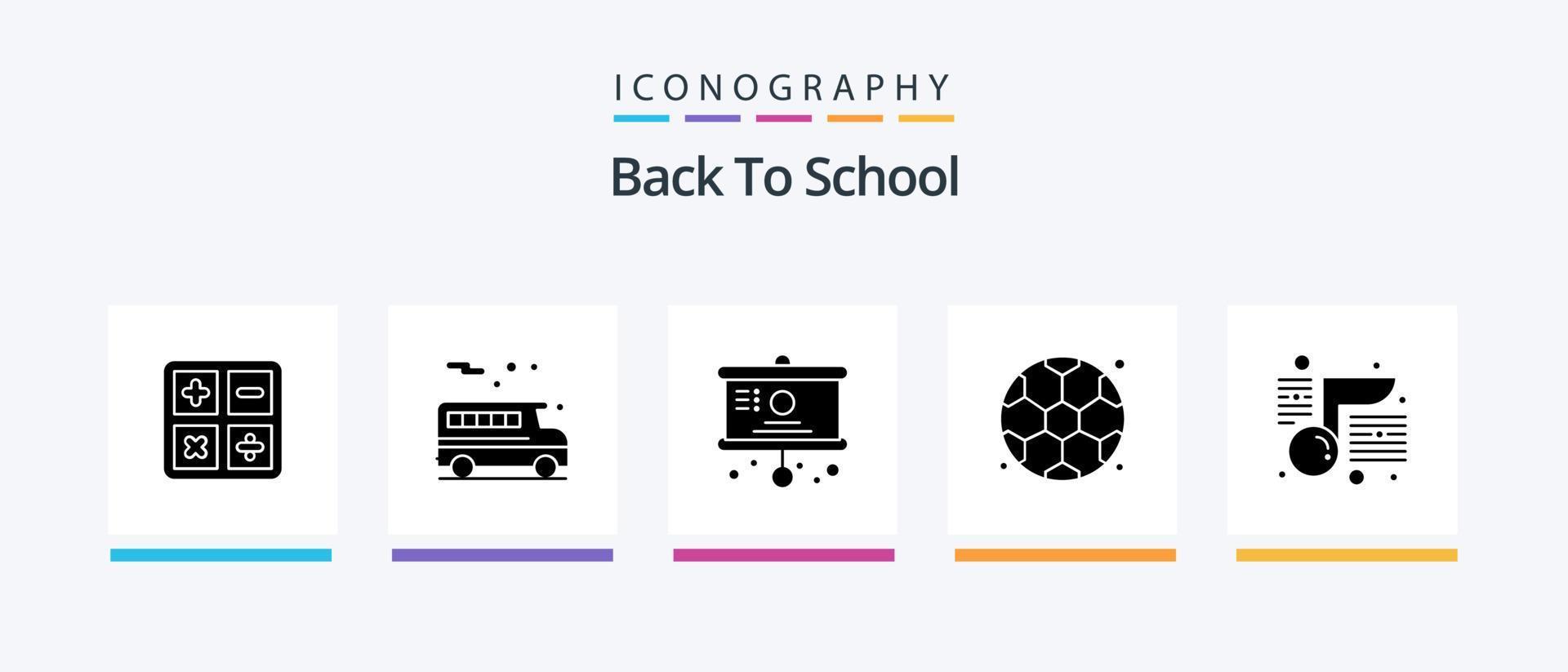 Back to School Glyph 5 Icon Pack inklusive Schule. Notiz. Diagramm. Musik. zurück zur Schule. kreatives Symboldesign vektor