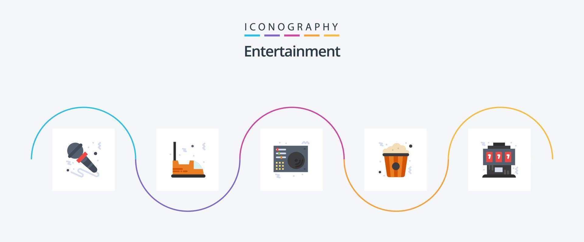 underhållning platt 5 ikon packa Inklusive mellanmål. popcorn. fordon. låt. musik vektor
