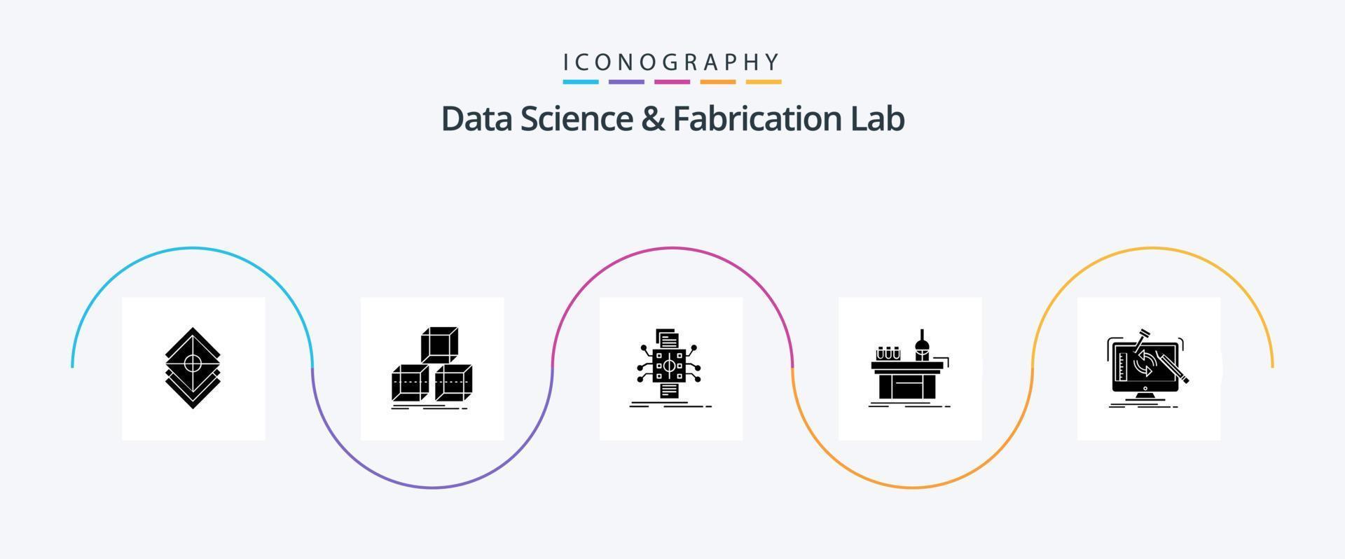 data vetenskap och tillverkning labb glyf 5 ikon packa Inklusive laboratorium. kemi. låda. biologi. bearbetning vektor