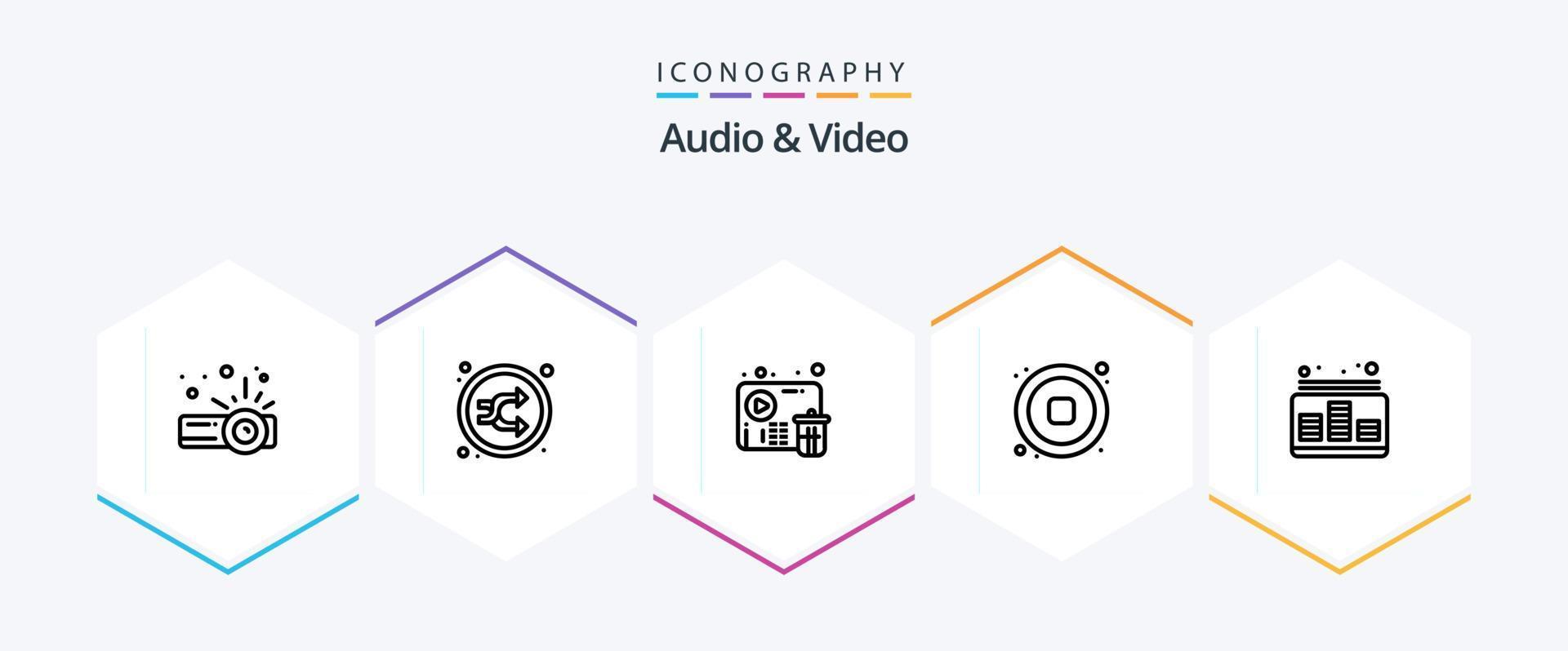 Audio- und Video-Icon-Paket mit 25 Zeilen einschließlich Steuerung. Video. löschen. stoppen. Audio- vektor