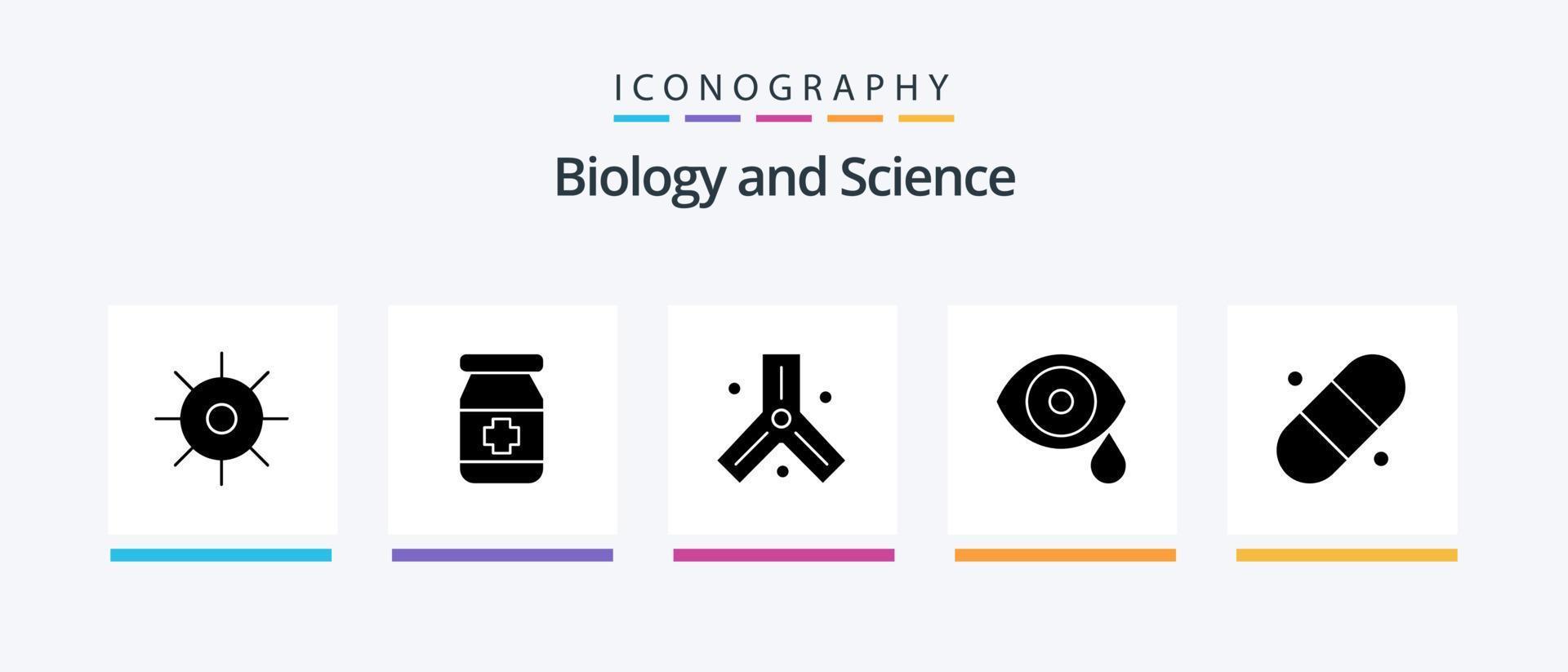 biologi glyf 5 ikon packa Inklusive lappa. droppar. celler. vetenskap. öga. kreativ ikoner design vektor
