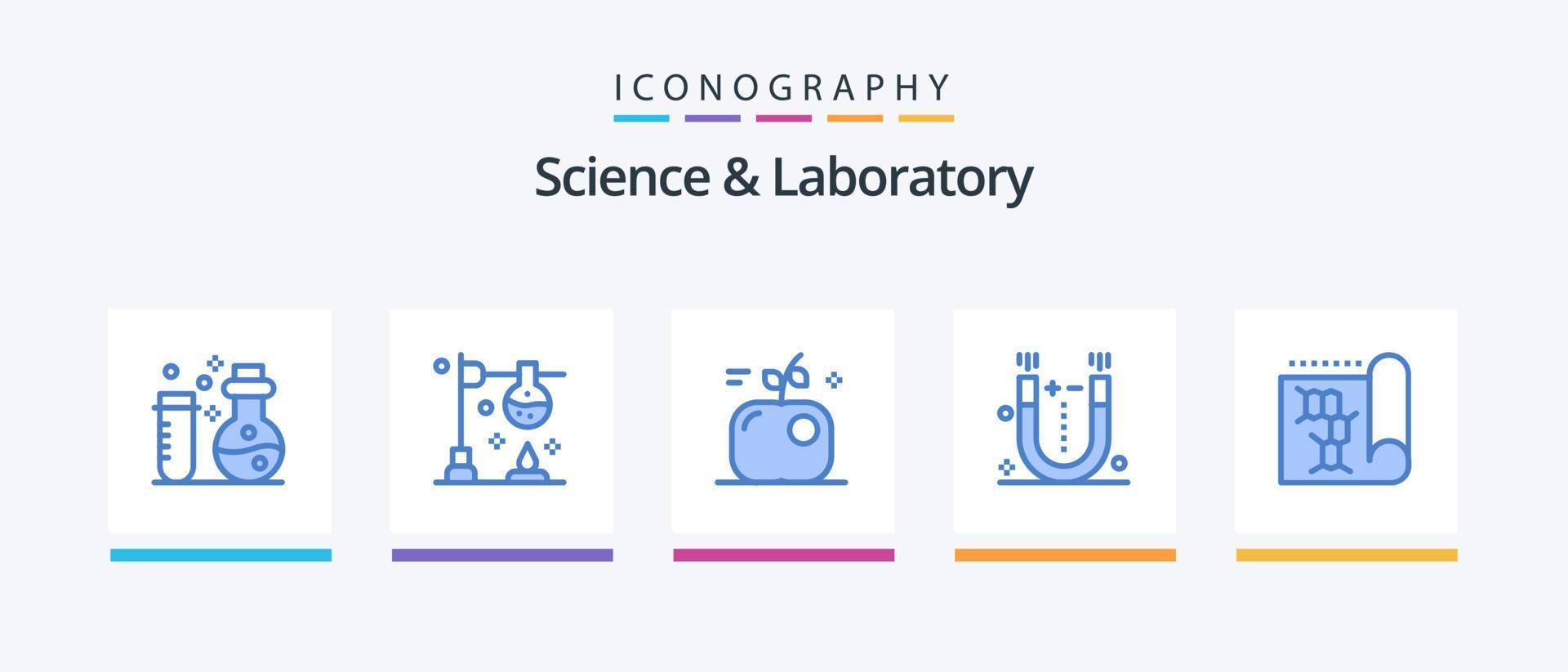 Science Blue 5 Icon Pack inklusive Labor. Wissenschaft. Apfel. Physik. Attraktion. kreatives Symboldesign vektor