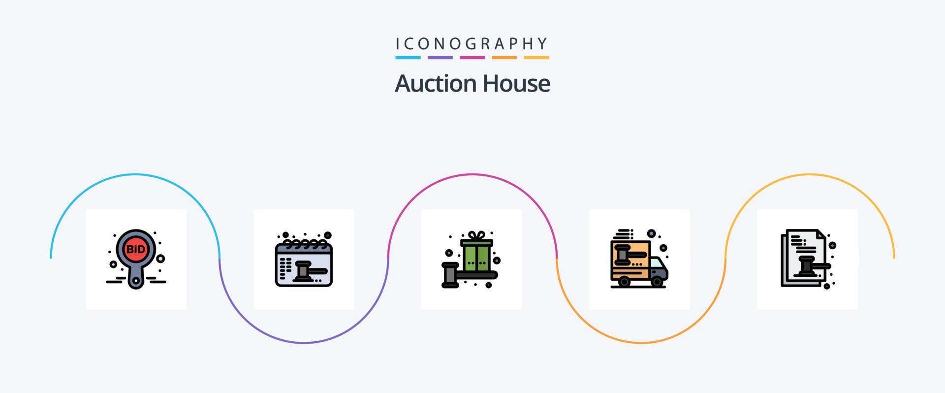 Auktionslinie gefüllt Flat 5 Icon Pack inklusive Auto. Versteigerung. Gleichgewicht. LKW. gegenwärtig vektor