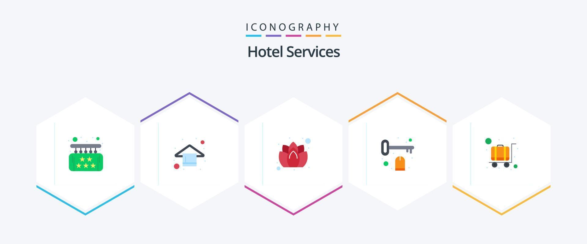 Hotelservices 25 Flat Icon Pack inklusive Einkaufswagen. Schild. Handtuch. Zimmer. Whirlpool vektor