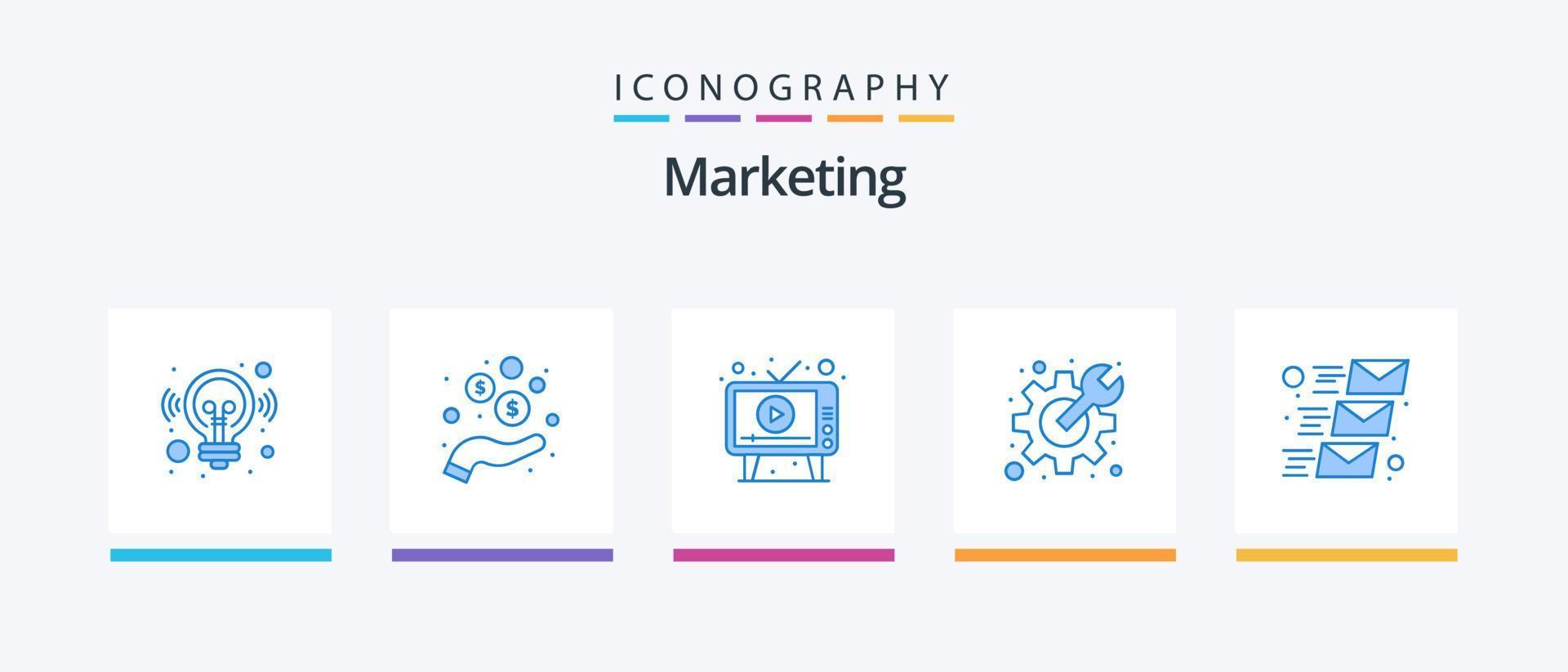 Marketing Blue 5 Icon Pack inklusive E-Mail. Vorlieben. Anzeige. Gang. Bildschirm. kreatives Symboldesign vektor