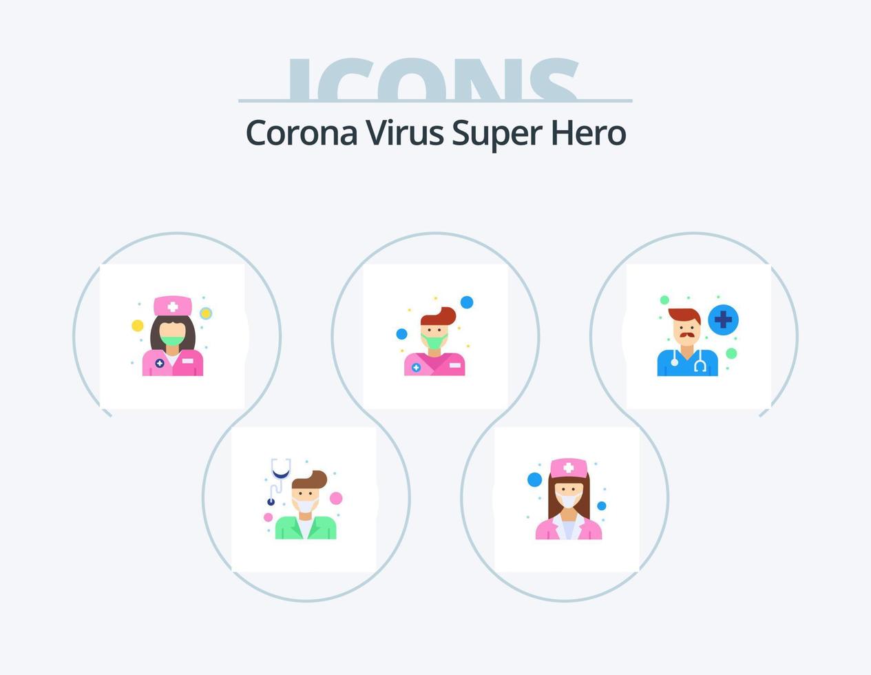 Corona-Virus Superheld Flat Icon Pack 5 Icon Design. Benutzerbild. Arzt. weiblich. Benutzerbild. Gesundheitspflege vektor