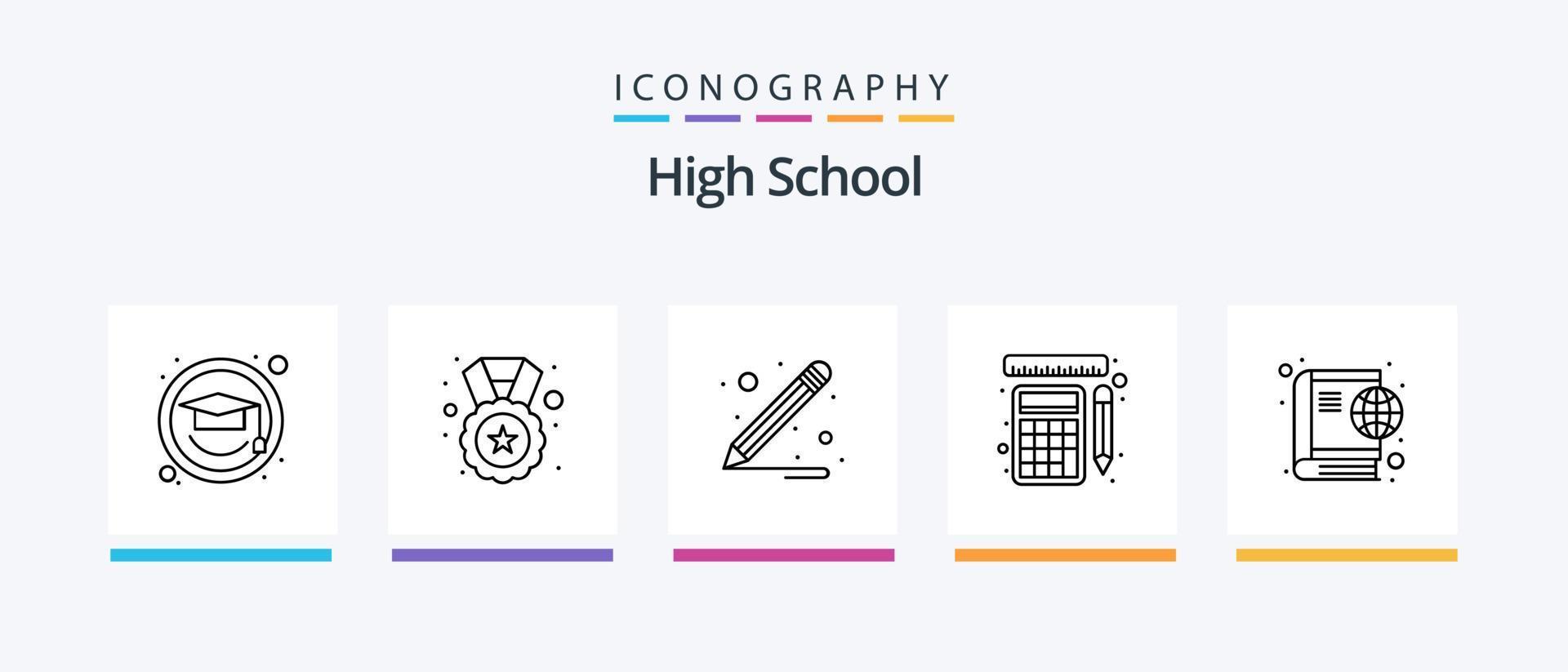 High School Line 5 Icon Pack inklusive Internet. Buch. Experiment. die Glühbirne. Ideen. kreatives Symboldesign vektor