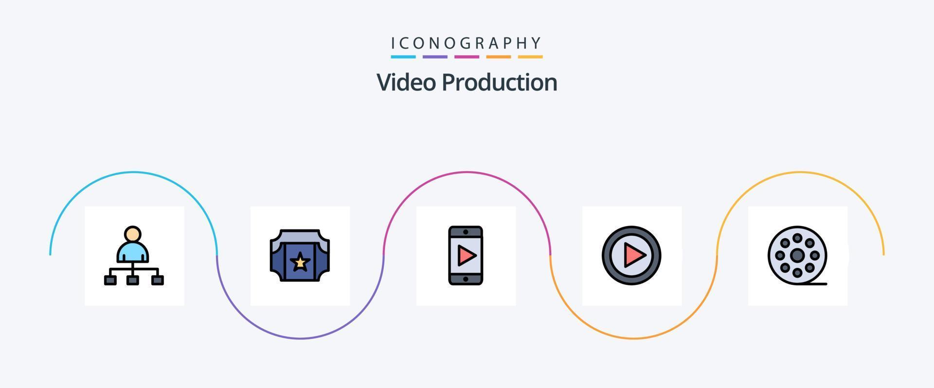 Videoproduktionslinie gefülltes flaches 5-Icon-Paket einschließlich Film. Kino. spielen. P. Musik vektor