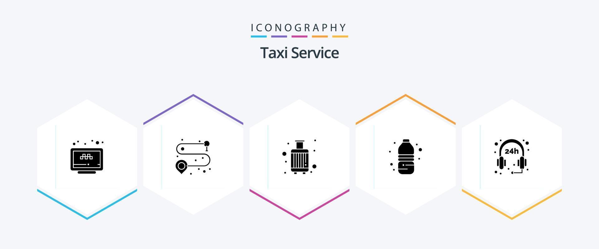 Taxi-Service 25 Glyphen-Icon-Pack inklusive Öffnungszeiten. Wasserflasche. Gepäck. Wasser. reisen vektor