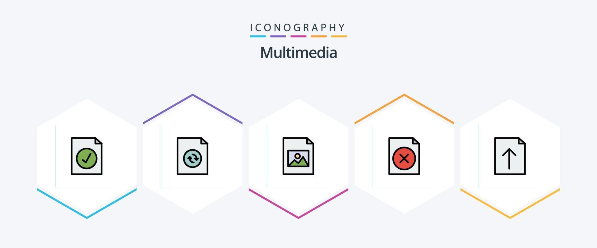 Multimedia-Icon-Paket mit 25 gefüllten Zeilen, einschließlich . . Bild. hochladen. dokumentieren vektor