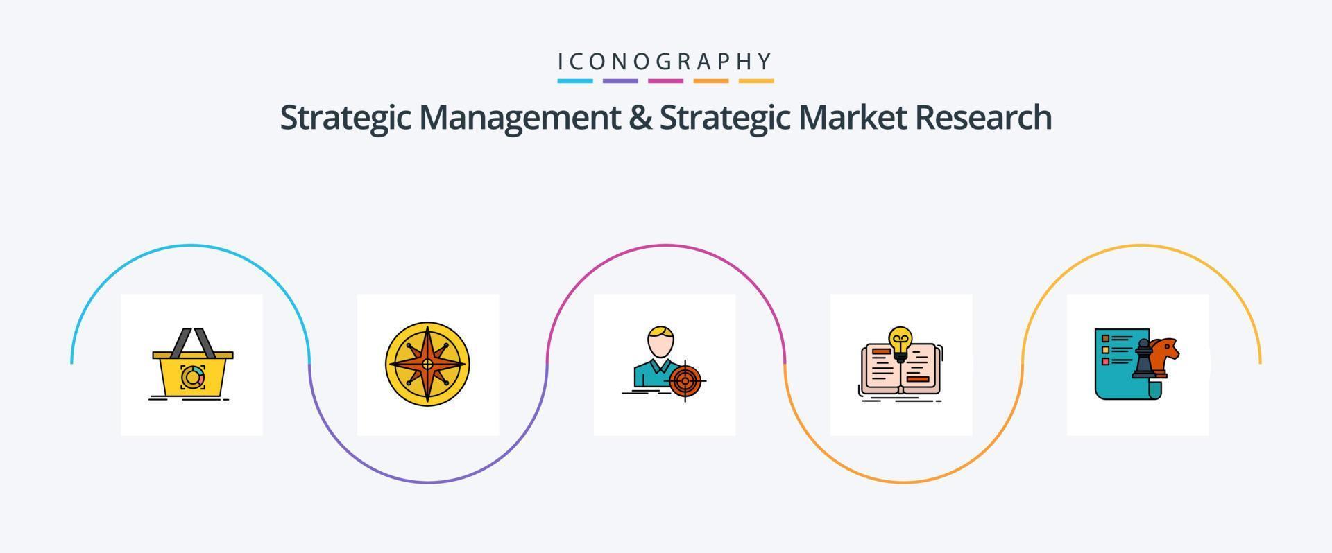 Strategisches Management und strategische Marktforschungslinie gefülltes flaches 5-Icon-Paket einschließlich Schach. Roman. Position. Idee. Ziel vektor