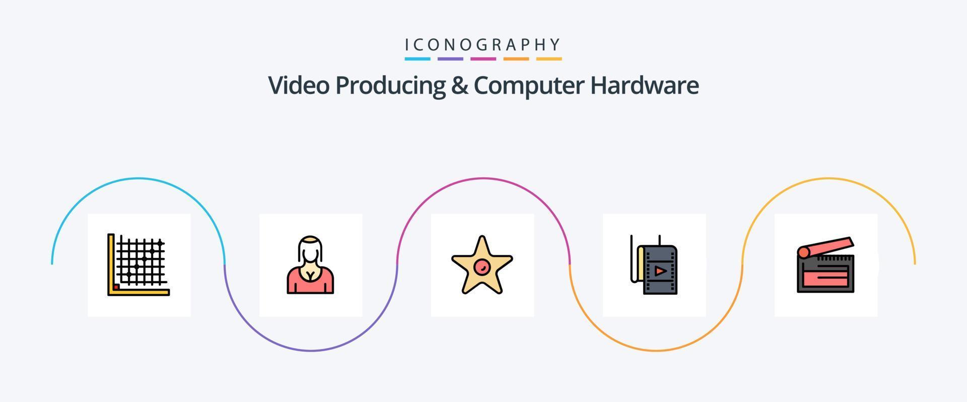 Videoproduktion und Computerhardware-Linie gefülltes flaches 5-Icon-Paket einschließlich Klöppel. Planke. Mädchen. Aktion. Studio vektor