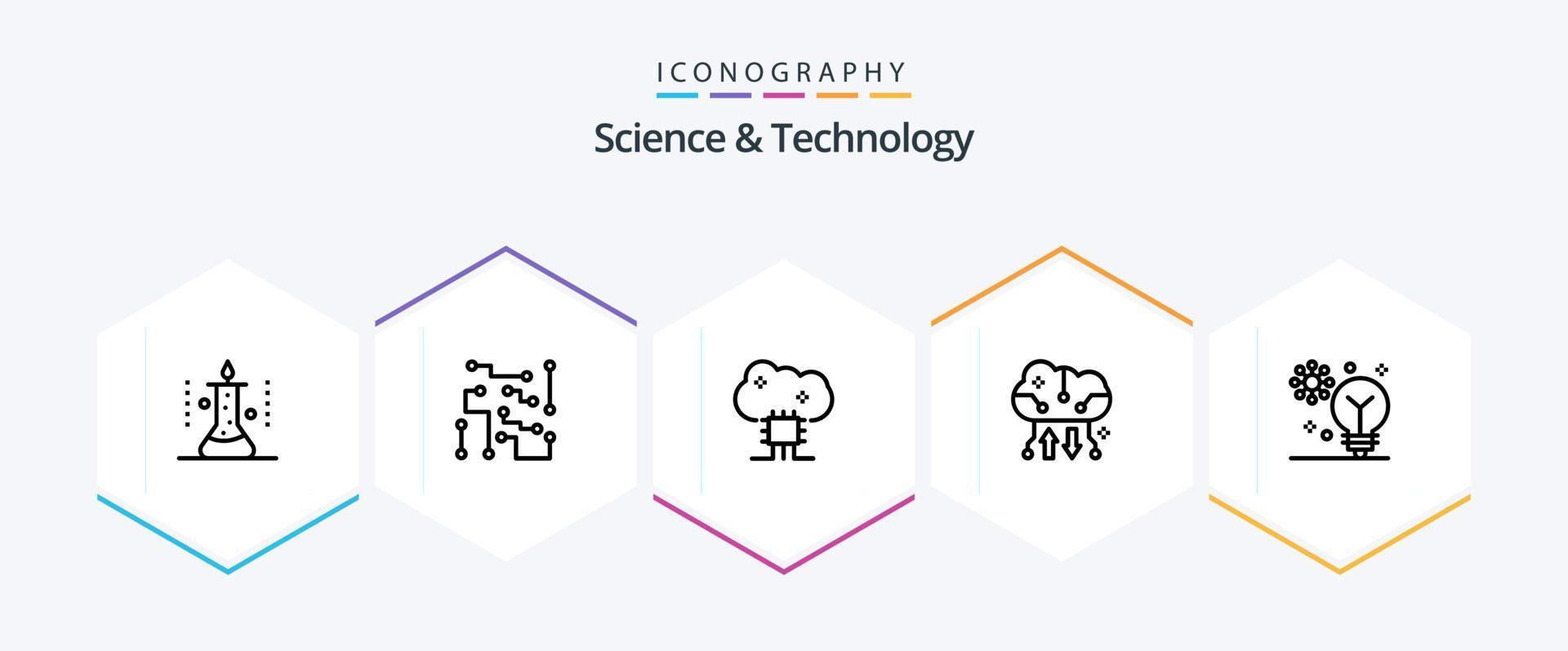 Wissenschaft und Technologie 25-Zeilen-Icon-Pack einschließlich Cloud-Speicher. Cloud-Backup. Physikalische Wissenschaft. Cloud-Software. Cloud-Vernetzung vektor