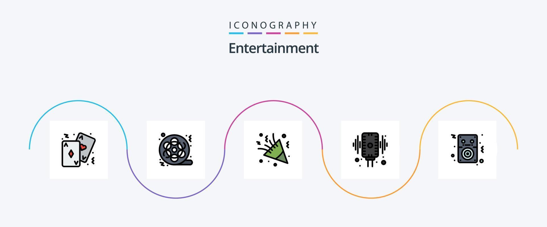 underhållning linje fylld platt 5 ikon packa Inklusive mikrofon. mikrofon. video. Semester. fest vektor
