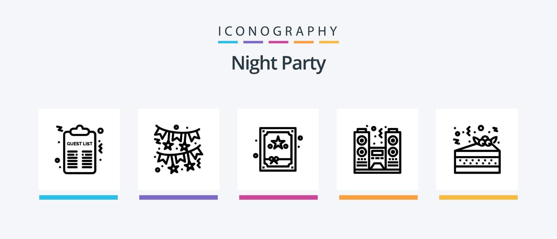 Night Party Line 5 Icon Pack inklusive Feier. Nacht. Feier. Planke. Glas. kreatives Symboldesign vektor