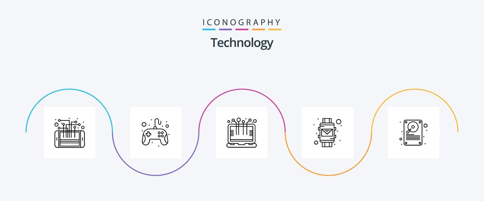 Technology Line 5 Icon Pack inklusive Daten. intelligentes Handgelenk. Pad. Umschlag. Laptop vektor