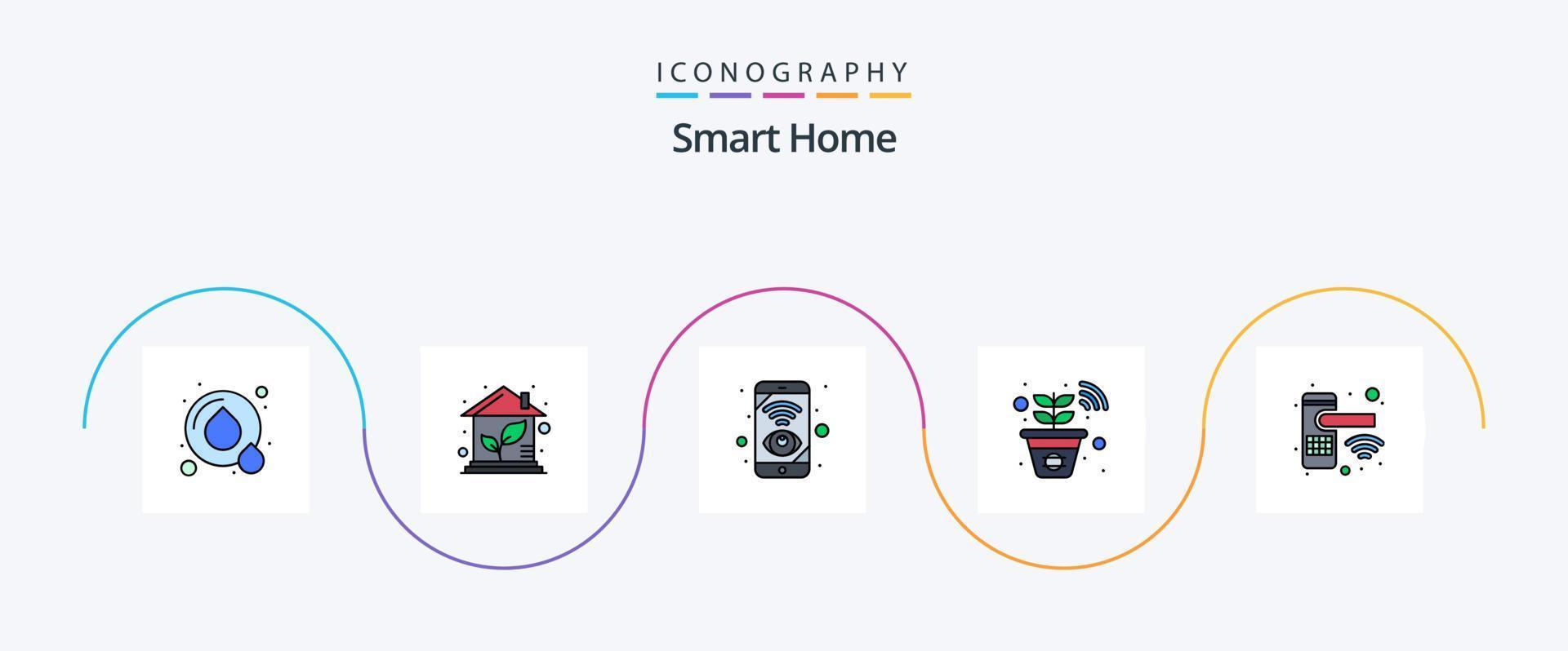 Smart-Home-Linie gefülltes flaches 5-Icon-Pack inklusive Knopf. intelligente Pflanze. Handy, Mobiltelefon. Anlage. Kontrolle vektor