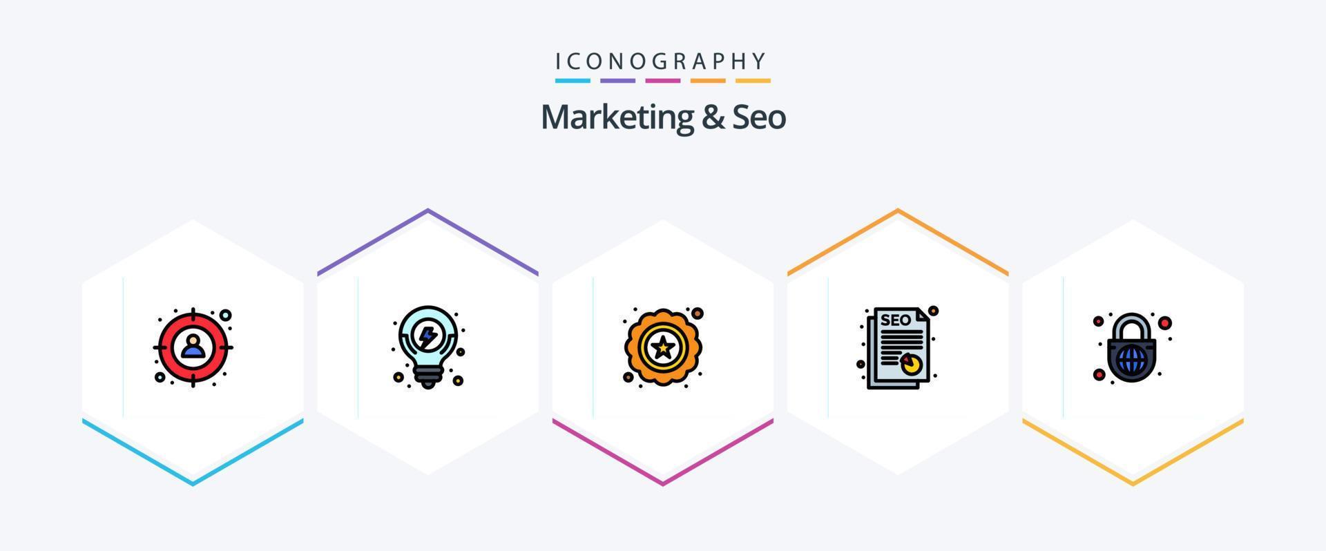 marknadsföring och seo 25 fylld linje ikon packa Inklusive klot med låsa. klot. premie. säkerhet. seo vektor