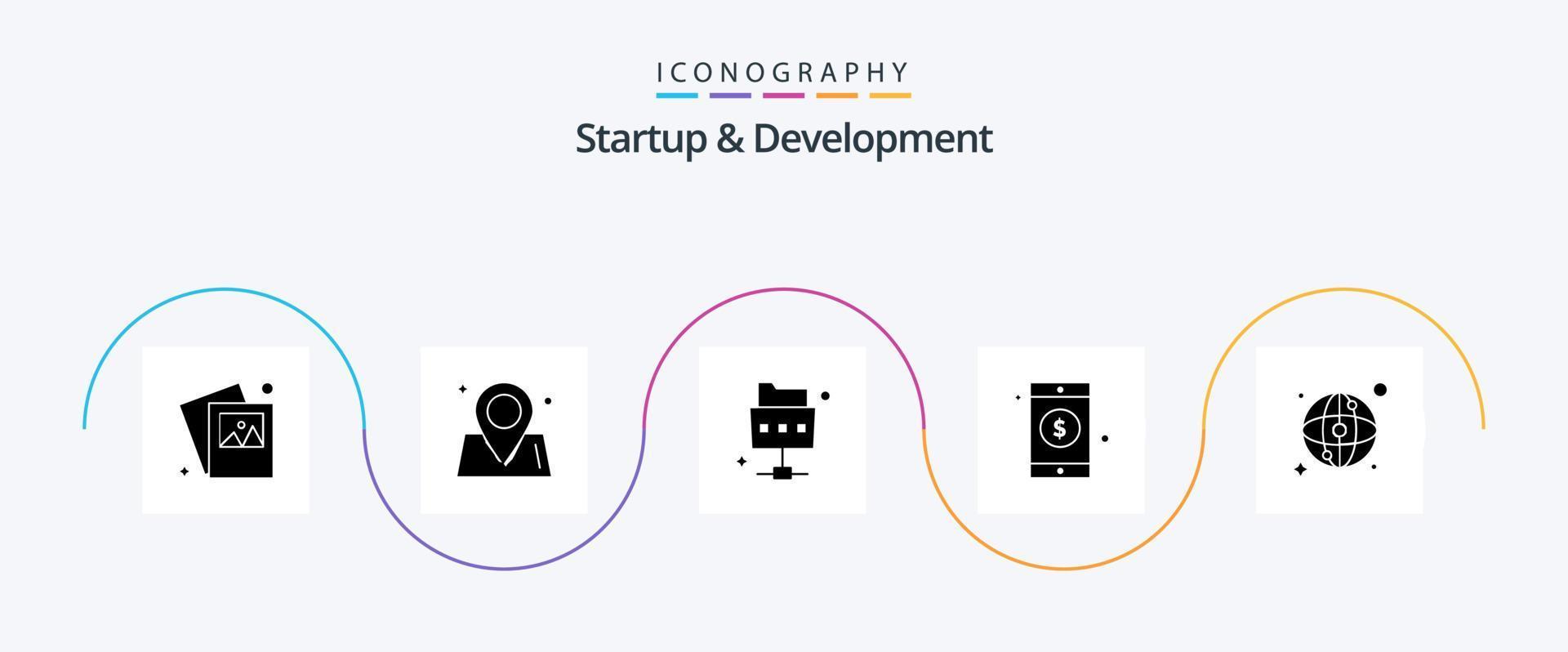 Startup und Entwicklung Glyph 5 Icon Pack inklusive . Netzwerk. Datei. Karte. Zeichen vektor