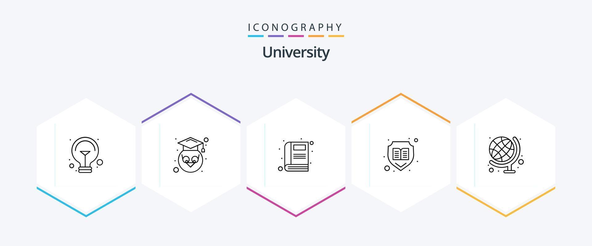 universitet 25 linje ikon packa Inklusive geografi. skydd. bok. tillgång. bok vektor