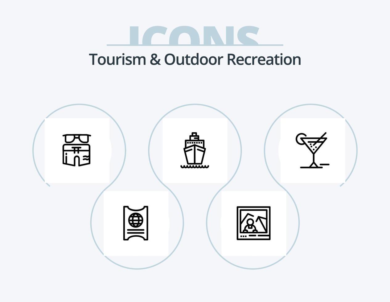 Tourismus- und Outdoor-Erholungslinie Icon Pack 5 Icon Design. . Hotel. Boot. Fahrkarte. passieren vektor