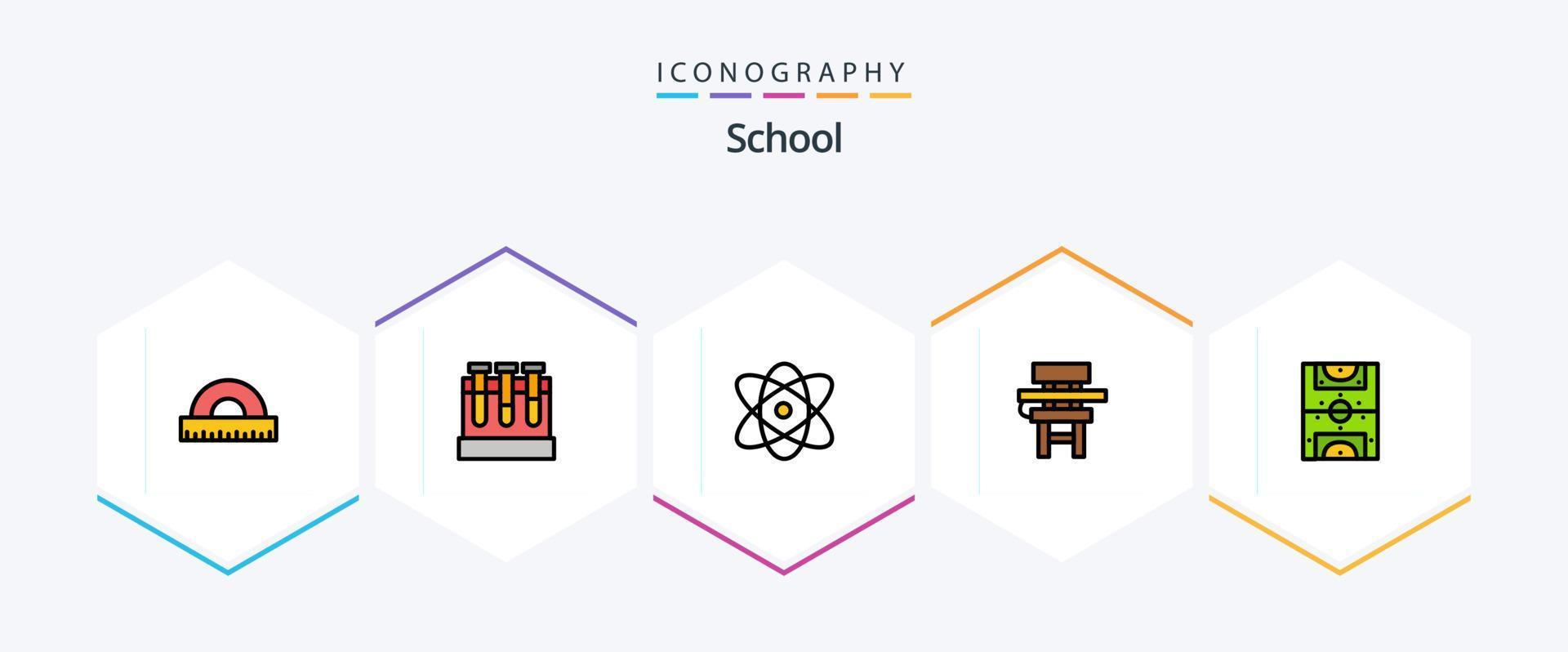 School 25 Filledline Icon Pack inklusive Unterhaltung. Ausbildung. Atom. Schreibtisch. Stuhl vektor