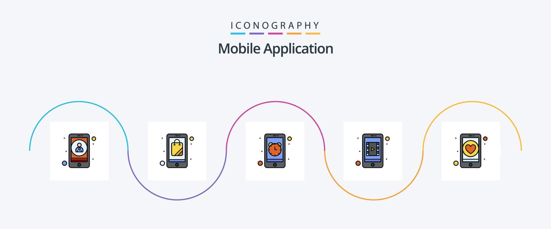 mobil Ansökan linje fylld platt 5 ikon packa Inklusive dejta. larm. mobil video. mobil app vektor