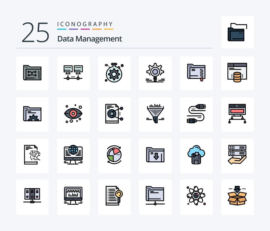Datenverwaltung 25 Zeilen gefülltes Icon Pack inklusive Ordner. Einstellung. Server. suchen. Gang vektor