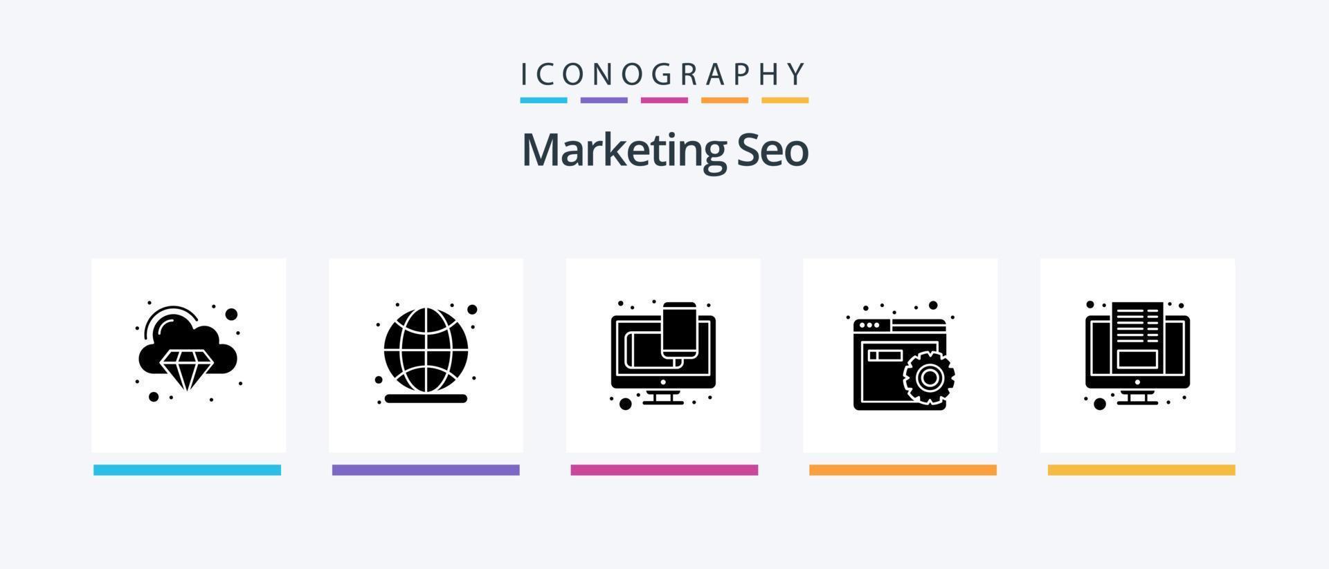 Marketing SEO Glyph 5 Icon Pack inklusive Blog. Browser. Design. Webseite. konfigurieren. kreatives Symboldesign vektor