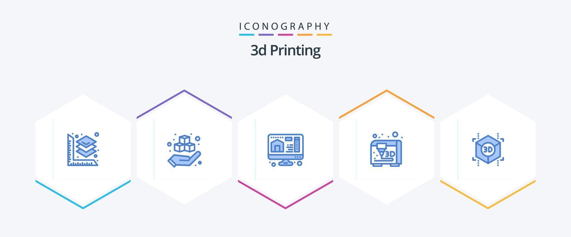 3D-Druck 25 blaue Symbolpakete einschließlich Form. Würfel. Computer. 3d. Modellieren vektor