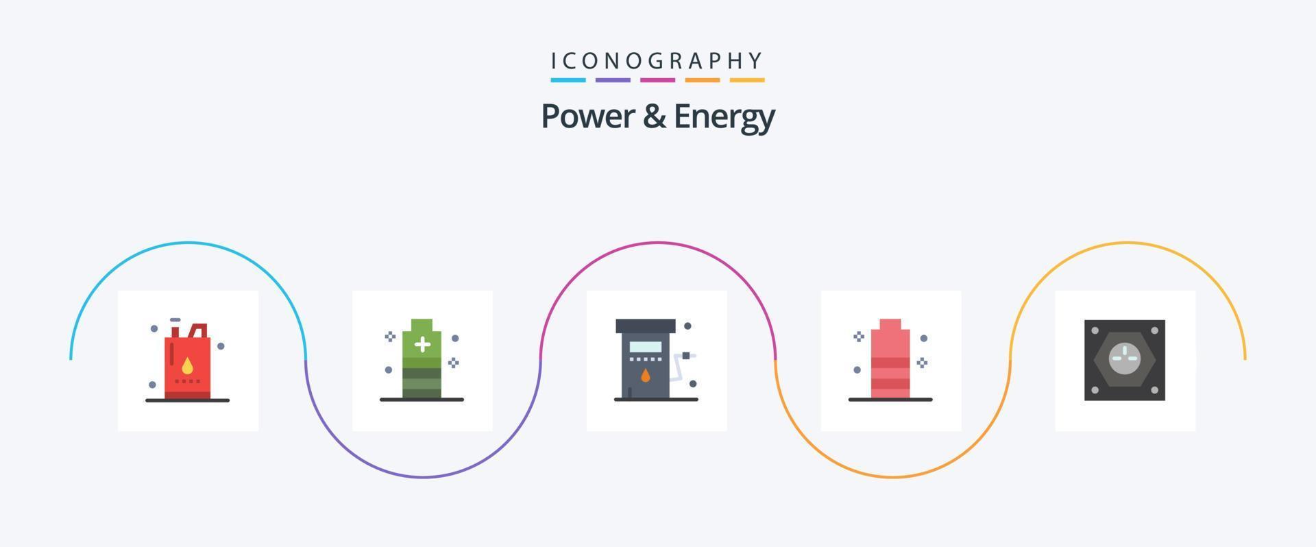 Power and Energy Flat 5 Icon Pack inklusive Energie. Batterie. Leistung. Bahnhof. Benzin vektor