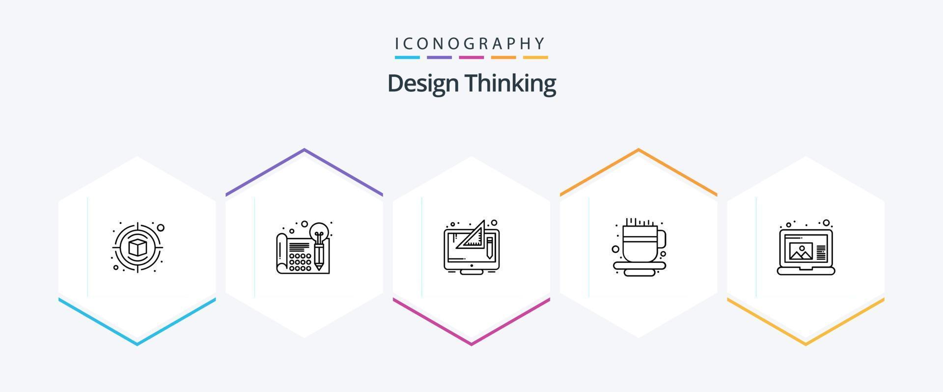 Design Thinking 25-Zeilen-Icon-Pack inklusive Erstellen. Tasse. Denken. Kaffeetasse. Grafik vektor