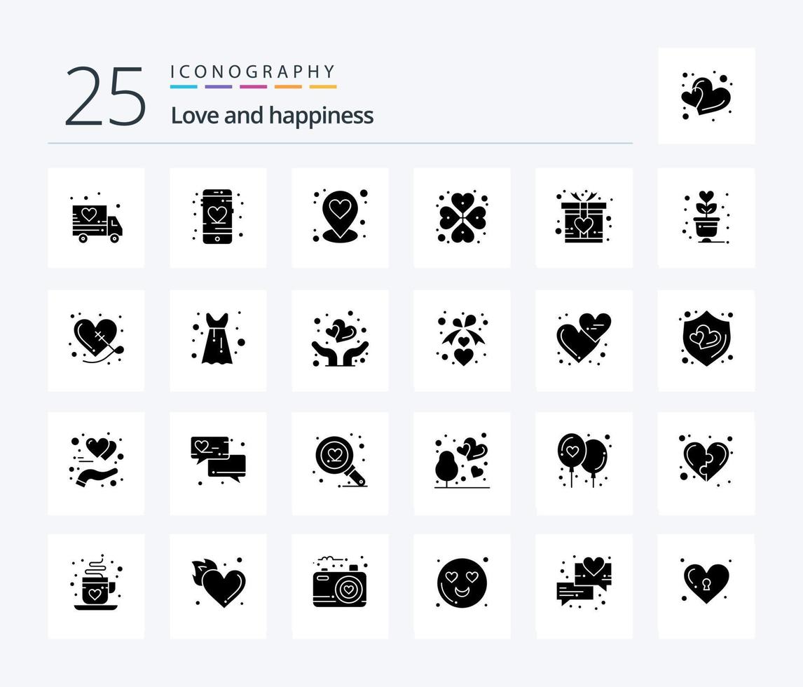kärlek 25 fast glyf ikon packa Inklusive livsstil. kärlek. plats. gåva. reste sig vektor