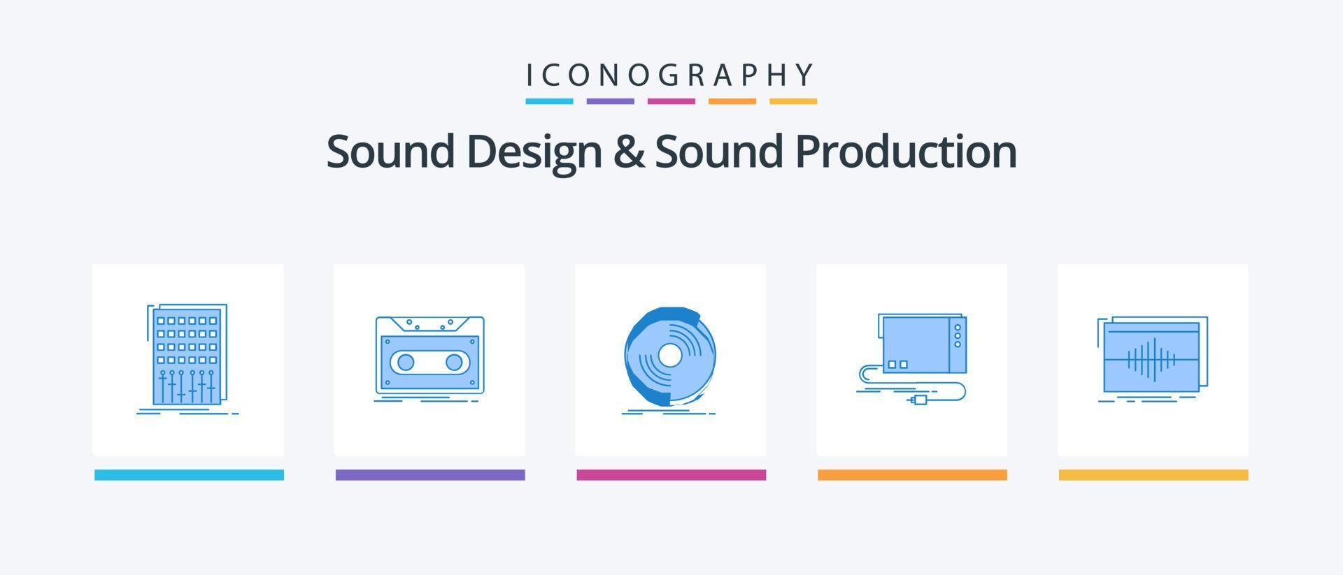 ljud design och ljud produktion blå 5 ikon packa Inklusive extern. audio. tejp. vinyl. fonograf. kreativ ikoner design vektor