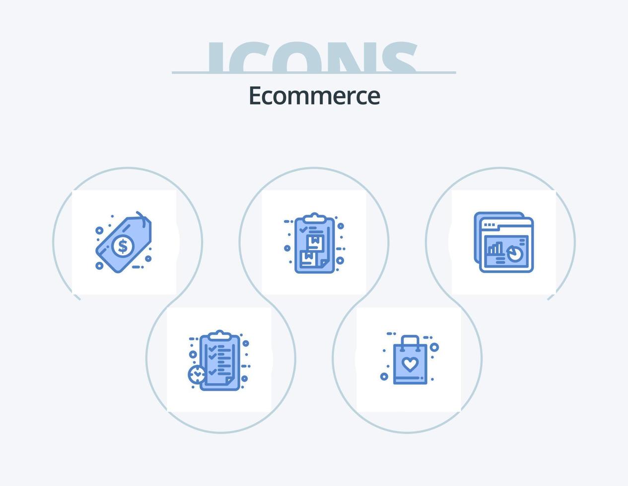 e-handel blå ikon packa 5 ikon design. analys. lista. faq. leverans. låda vektor