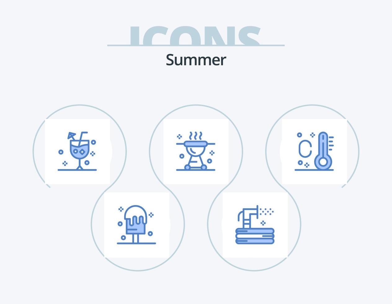 Sommer blau Icon Pack 5 Icon Design. Fleisch. Essen. Strand. Grill. Glas vektor