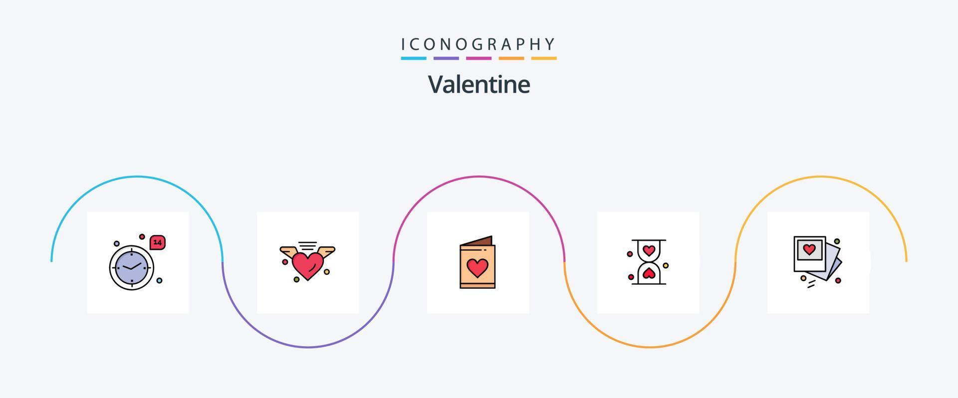 valentine linje fylld platt 5 ikon packa Inklusive galleri. timme. kort. glas. hjärta vektor