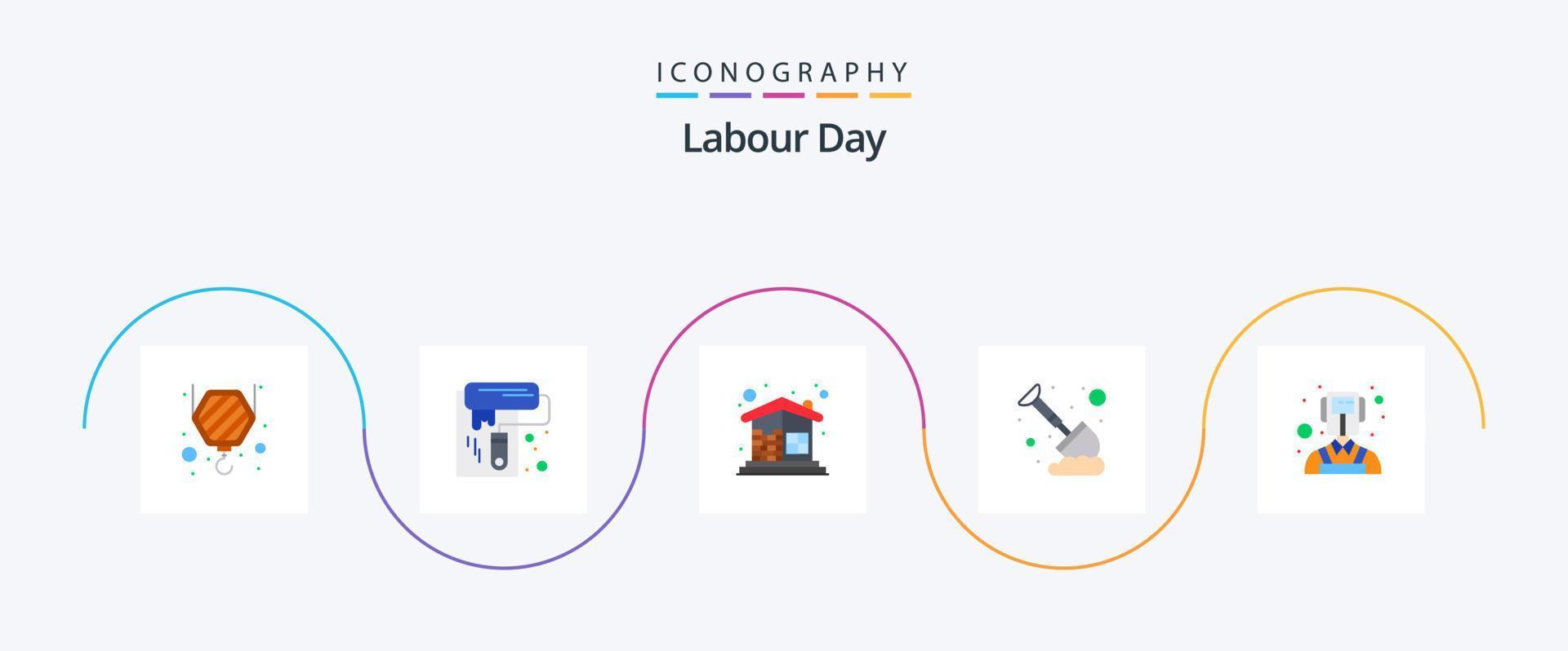 Labor Day Flat 5 Icon Pack inklusive Berufe. Bergbau. Gebäude. Spaten. Arbeit vektor