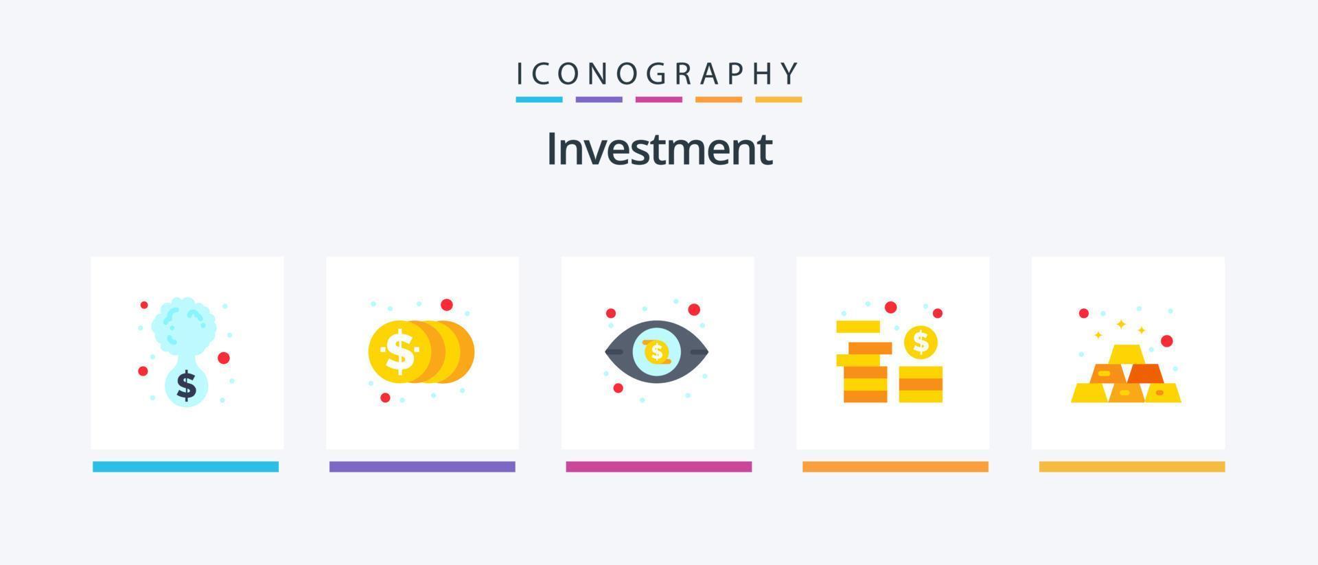 Investment Flat 5 Icon Pack inklusive Goldbarren. Bar. Dollar. Münzen. Investition. kreatives Symboldesign vektor