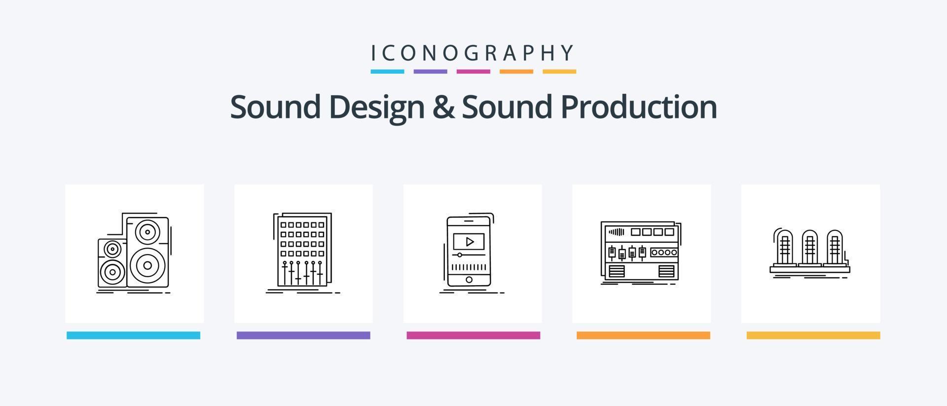 Sounddesign und Sound Production Line 5 Icon Pack inklusive Retro. aufzeichnen. Synthesizer. Studio. Monitor. kreatives Symboldesign vektor