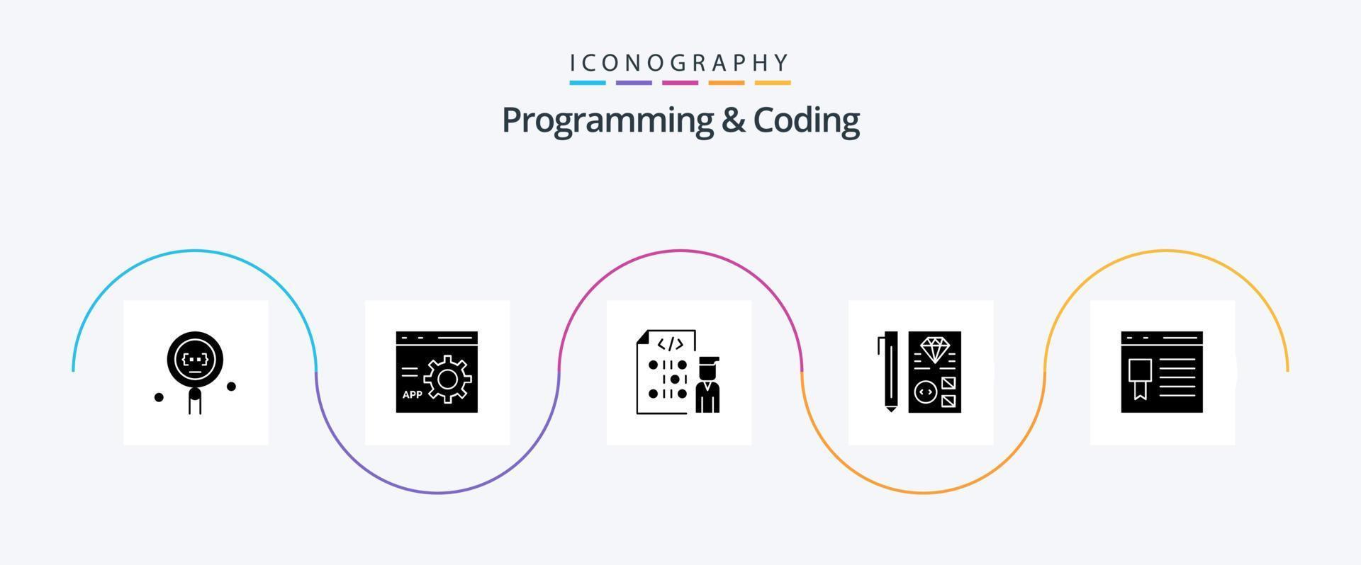 programmering och kodning glyf 5 ikon packa Inklusive utveckling. kodning. utveckling. programmering. utveckling vektor