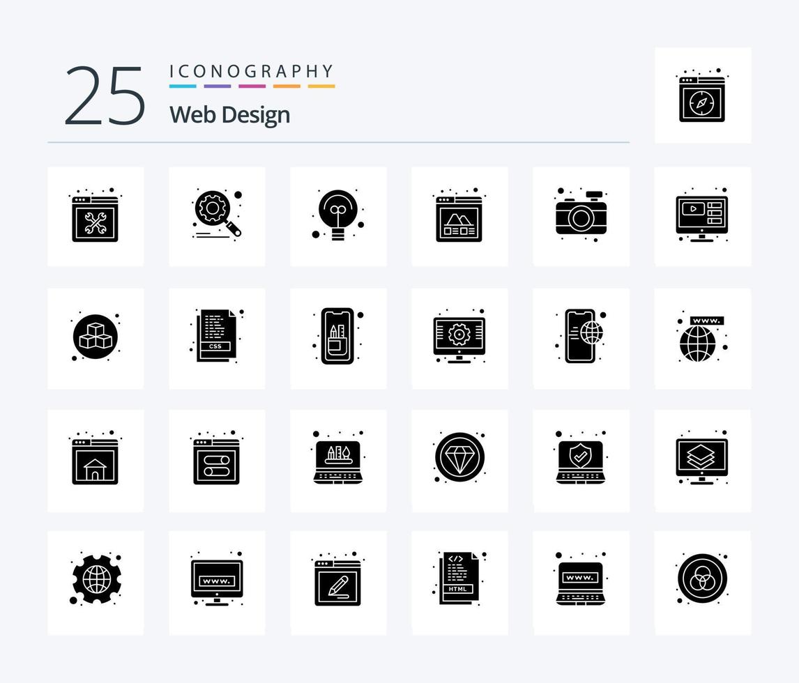 Webdesign 25 solides Glyphen-Icon-Pack inklusive Kamera. Netz. suchen. Foto. Netz vektor