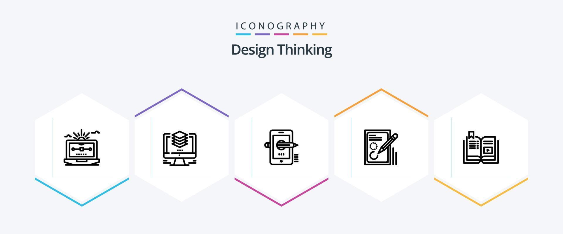 design tänkande 25 linje ikon packa Inklusive dokumentera. redigera. dator. komponera. penna vektor